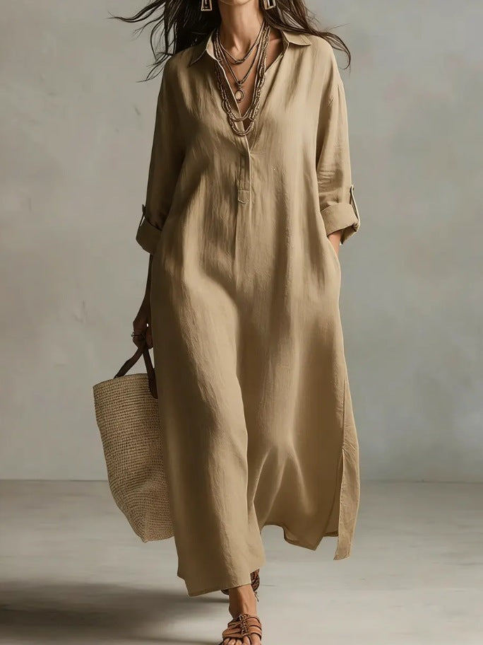 A Beige Linen Shirt Dress With A Relaxed French Vacation Vibe, Featuring A Turned-down Collar With A Half-placket, Rolled-up Sleeves, Side-slit Pockets, And A Long Shirt Dress Designperfect For Trave by Ricaloux