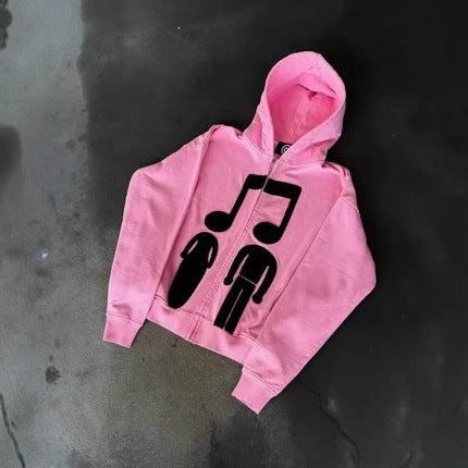 Printed Zip-Up Hoodie Loose-Fit Sweatshirt by Ricaloux