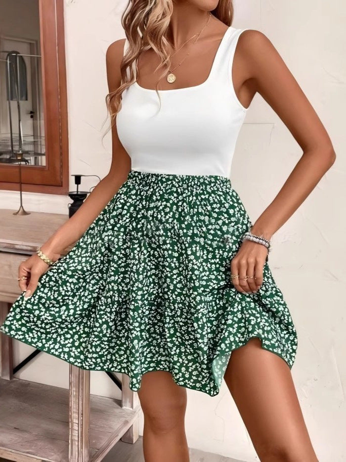 Floral-print A-line Dress With A Floral Pattern And A Vest Design by Ricaloux