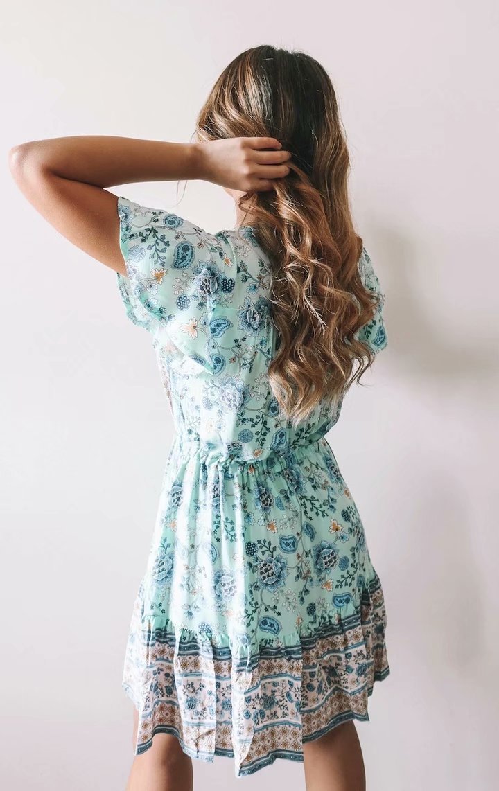 V-neck Short Sleeve Bohemian Dress - RICALOUX