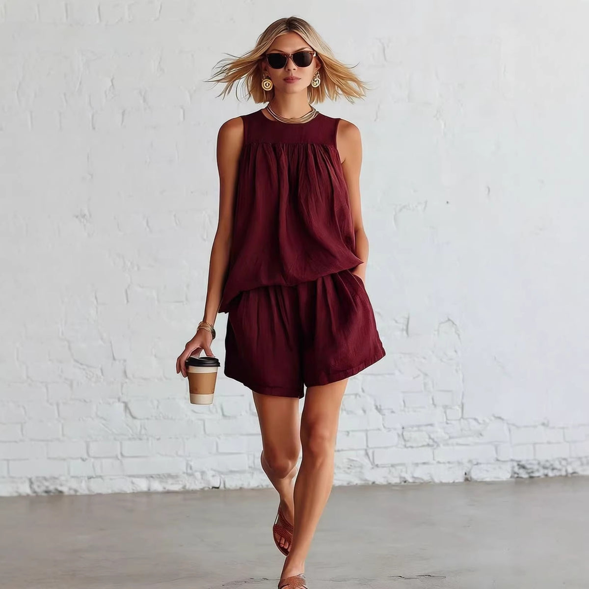 Retro Sleeveless Pleated Top And Wide-leg Shorts Set – Premium 0 | RICALOUX