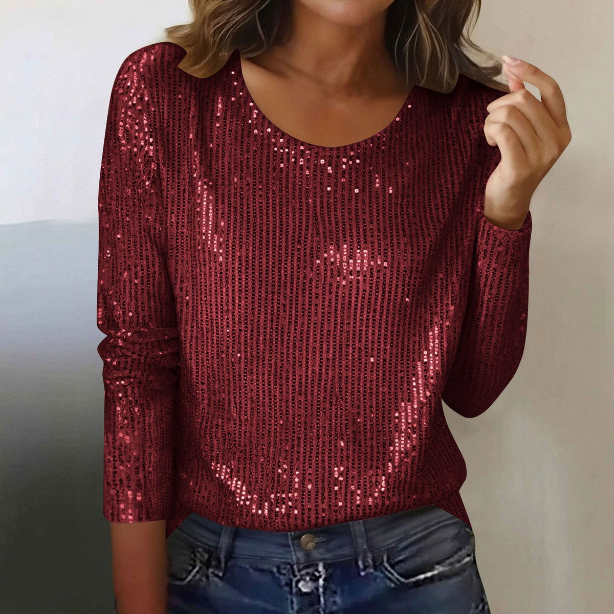 Womens Casual Sequined Crew-neck Long-sleeve Top by Ricaloux