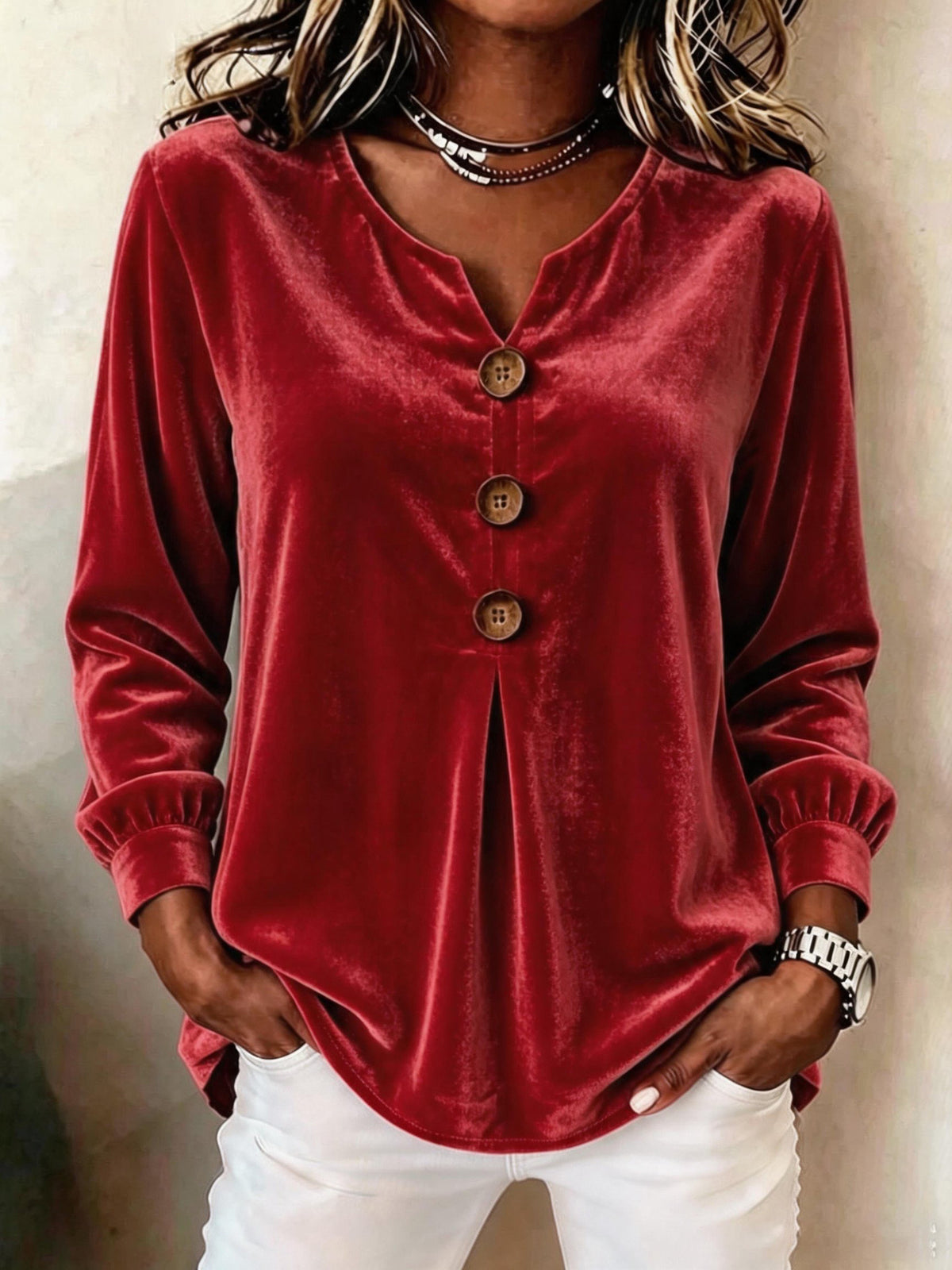 Elegant V-neck Buttoned Long-sleeve Velvet Blouse For Women by Ricaloux