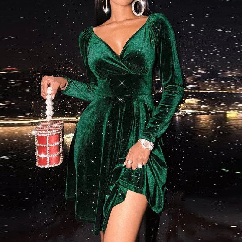Autumn Festival Christmas Long Sleeve V-neck Dress - RICALOUX
