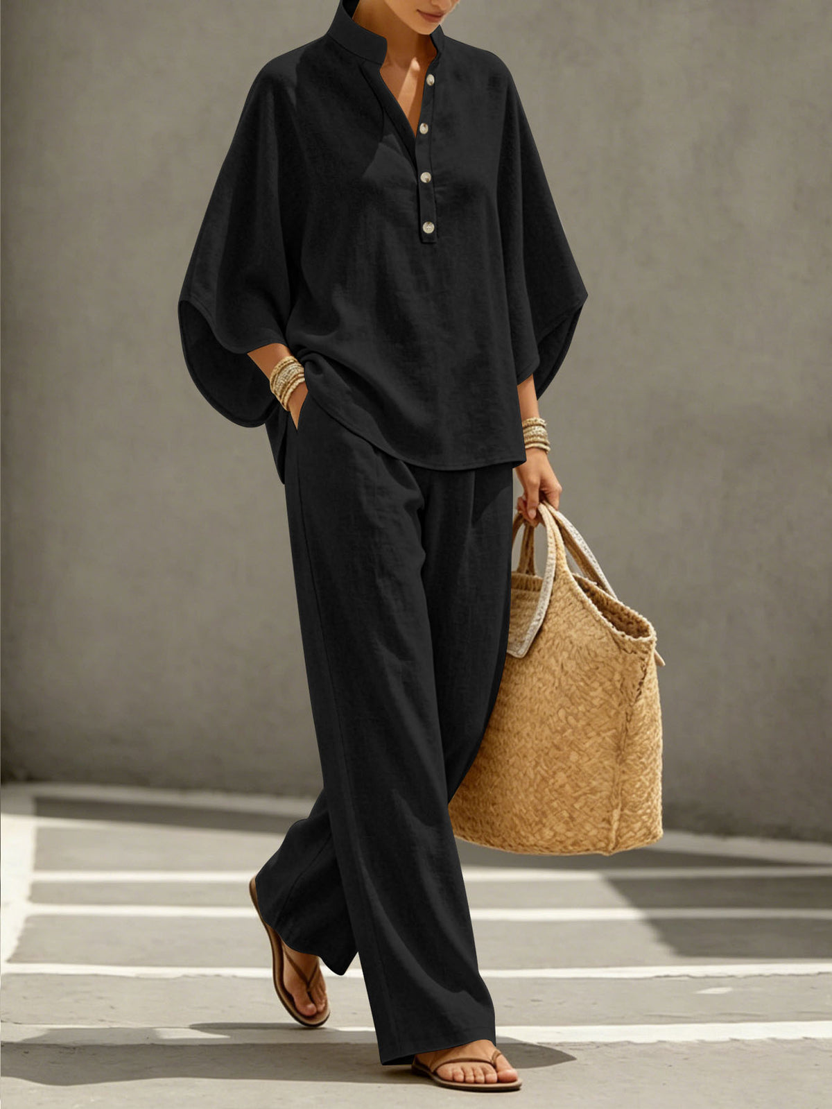 Women's Two Piece Outfit Stand Collar Half Button Batwing Sleeve Top & Wide Leg Pants Set Casual Blend Loose Tracksuit For Summer by Ricaloux
