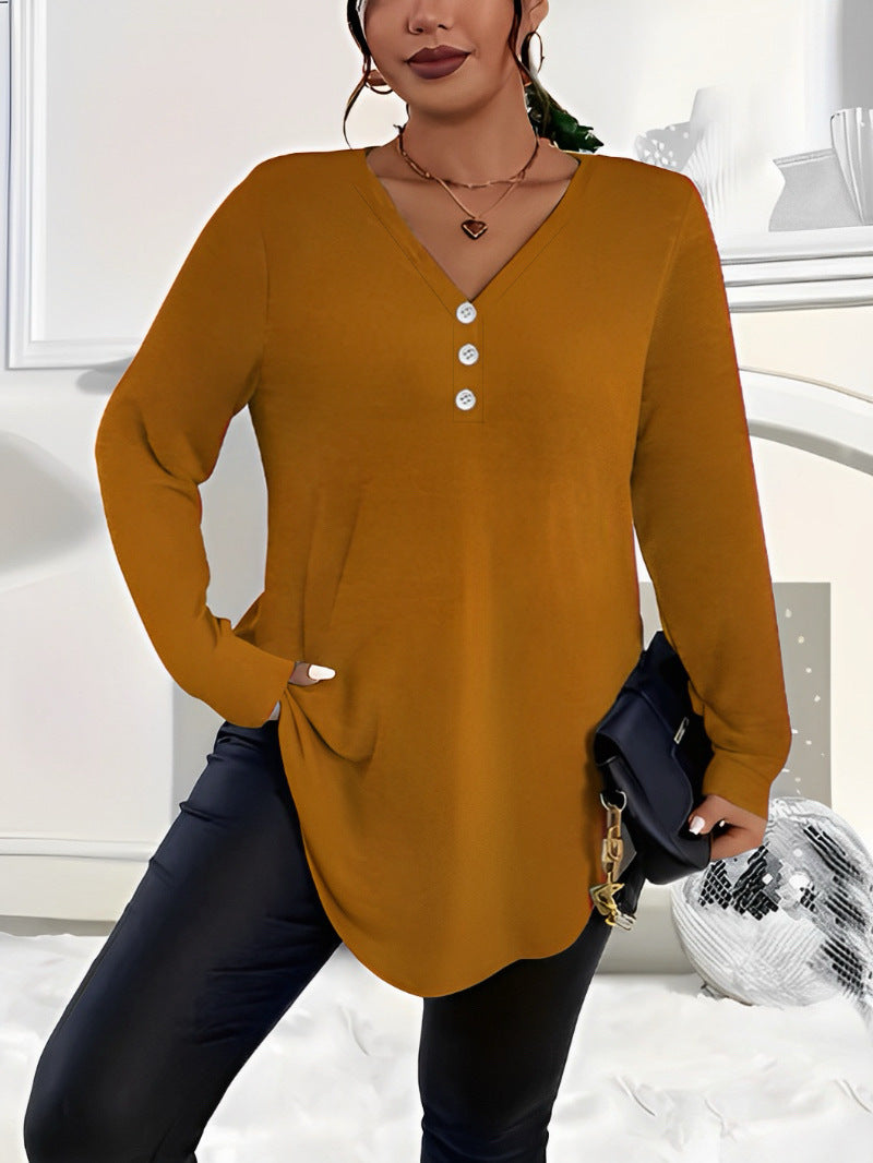 Womens Plus-Size Solid-Color Long-Sleeve Top With Buttons – Premium 0 | RICALOUX