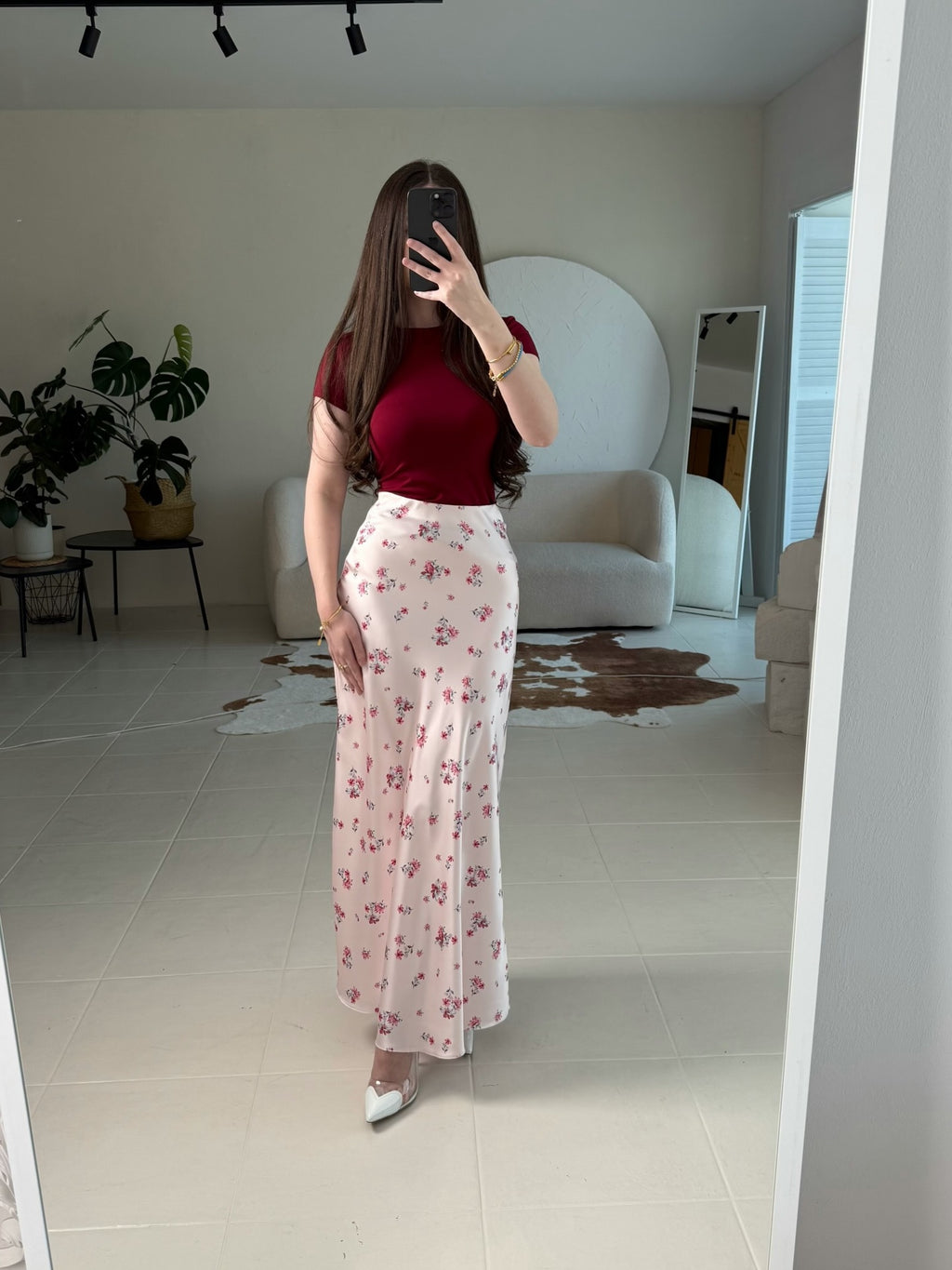 Base Ditsy Floral Print High Waist Satin Mermaid Midi Slip Skirt by Ricaloux