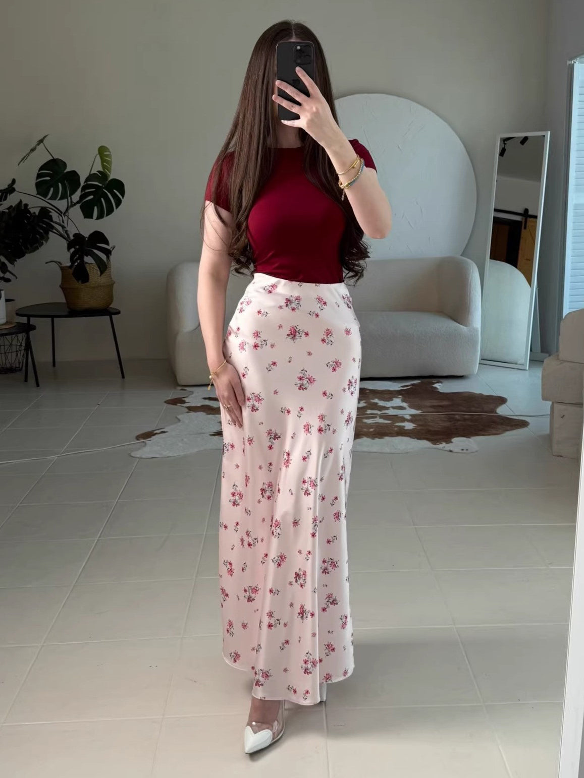 Base Ditsy Floral Print High Waist Satin Mermaid Midi Slip Skirt by Ricaloux