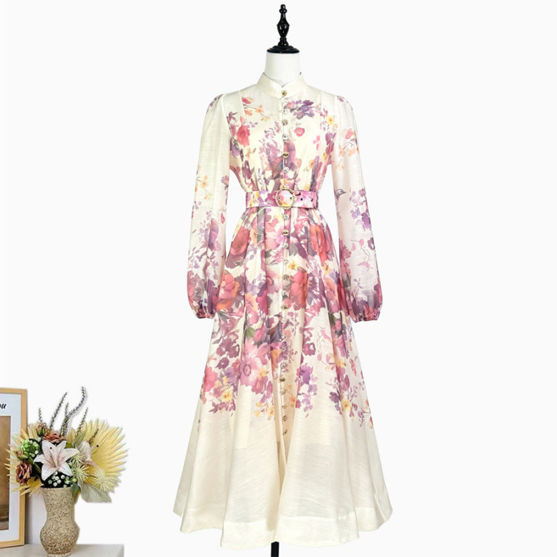 Stand-collar Single-breasted Dress With Puff Sleeves A Fitted Waist by Ricaloux