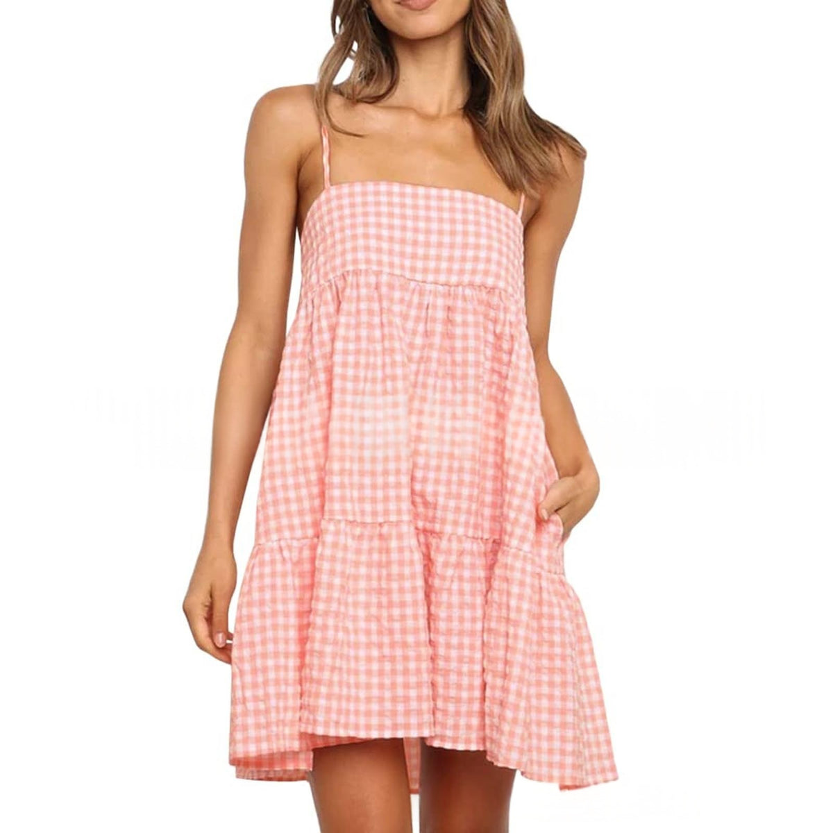 Casual Mini Dress With Shoulder Strap Ruffles And Side Pockets by Ricaloux