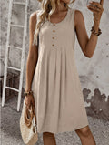 European And American-style Solid-color Round-neck Buttoned Sleeveless Loose-fitting A-line Dress by Ricaloux