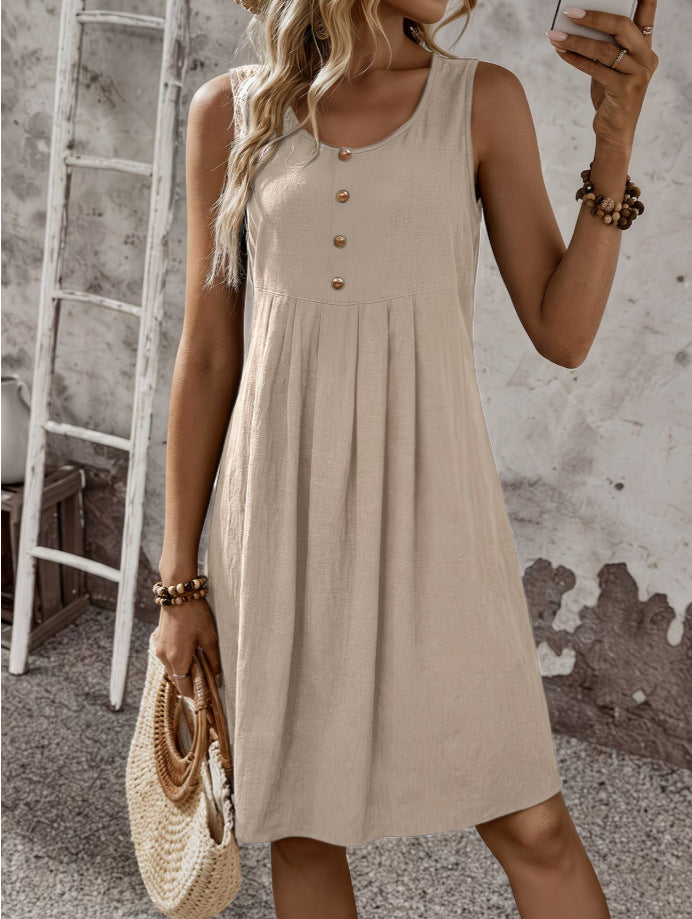 European And American-style Solid-color Round-neck Buttoned Sleeveless Loose-fitting A-line Dress by Ricaloux