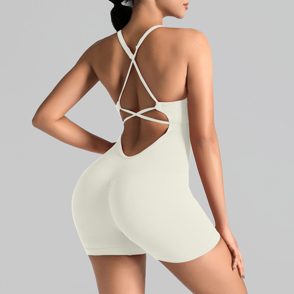 Seamless One-Piece Yoga Jumpsuit, Outdoor Back-Support Sports Bra, Peach Butt Fitness Outfit, Strappy Skin-Tight Bodysuit by Ricaloux