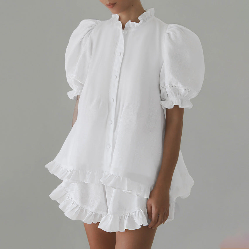 Womens Cardigan Top With Ruffled Hem And Shorts Set by Ricaloux