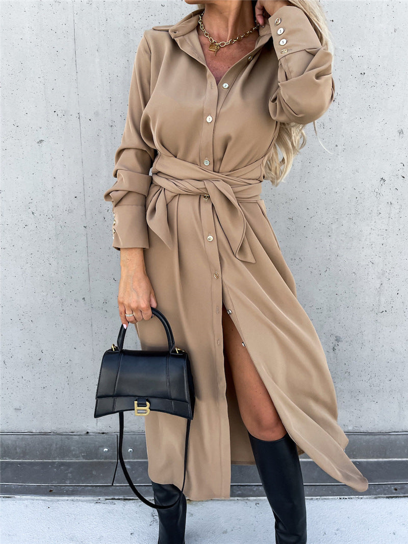 Women's Elegant Lapel Collar Long Sleeve Button Down Belted Shirt Dress, Casual Maxi Dresses With Slit For Office & Daily Wear – Premium 4 | RICALOUX