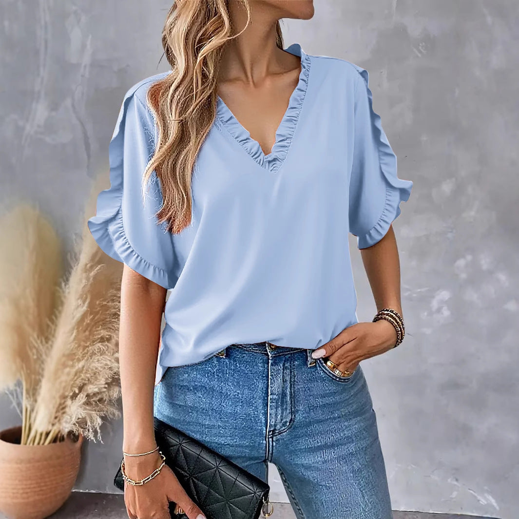Womens Summer Simple Solid-Color Short-Sleeve Top – Premium 0 | RICALOUX