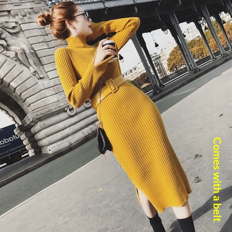 Turtleneck Knitted Split-front Dress by Ricaloux