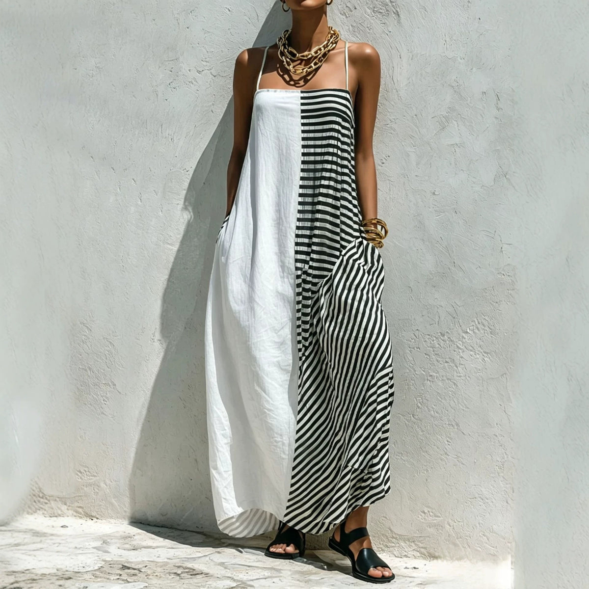 Printed Striped Strap Sleeveless Long Dress by Ricaloux