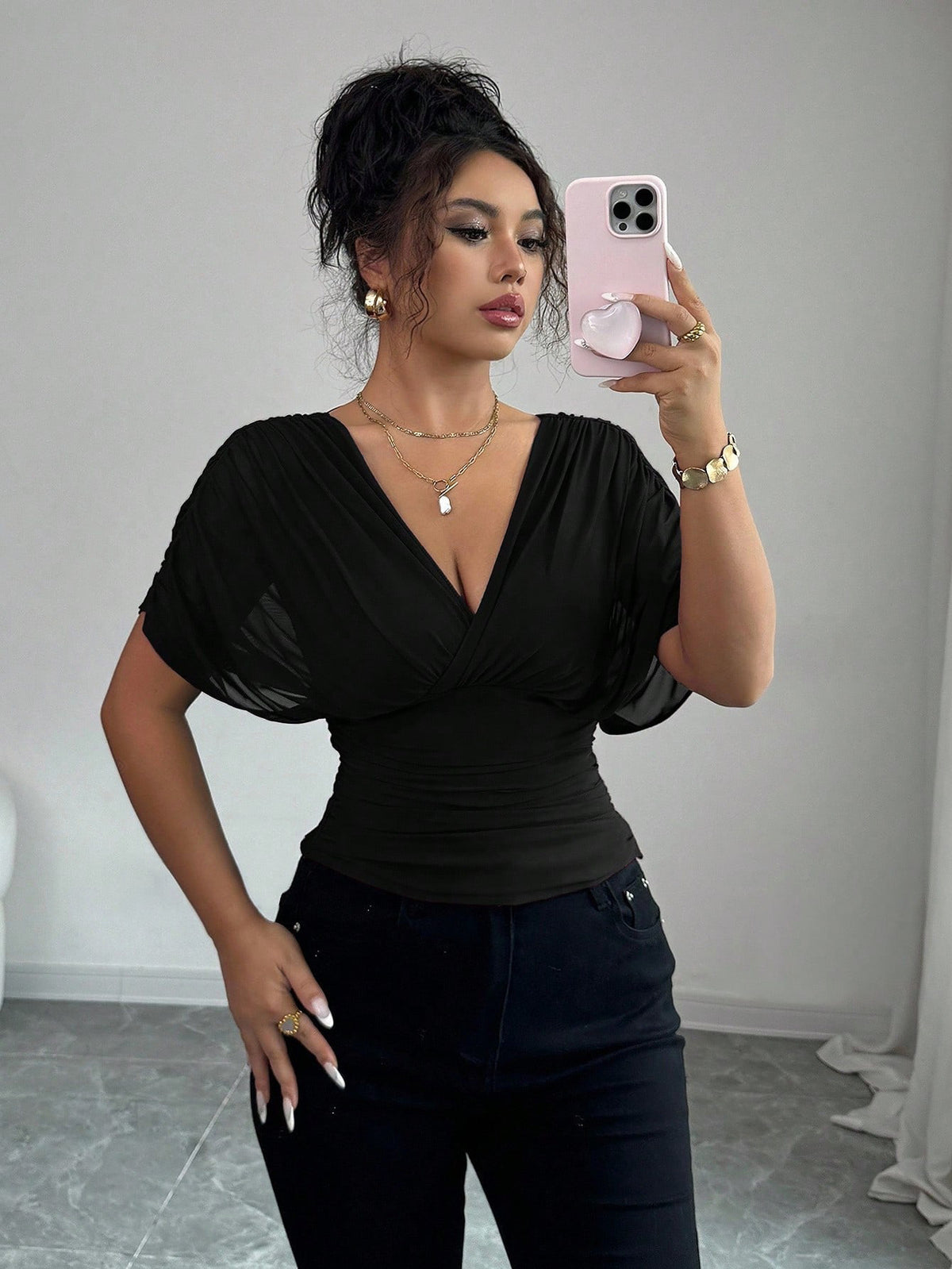 Deep V-neck Small Flying Sleeve Waist Ladies' Top by Ricaloux