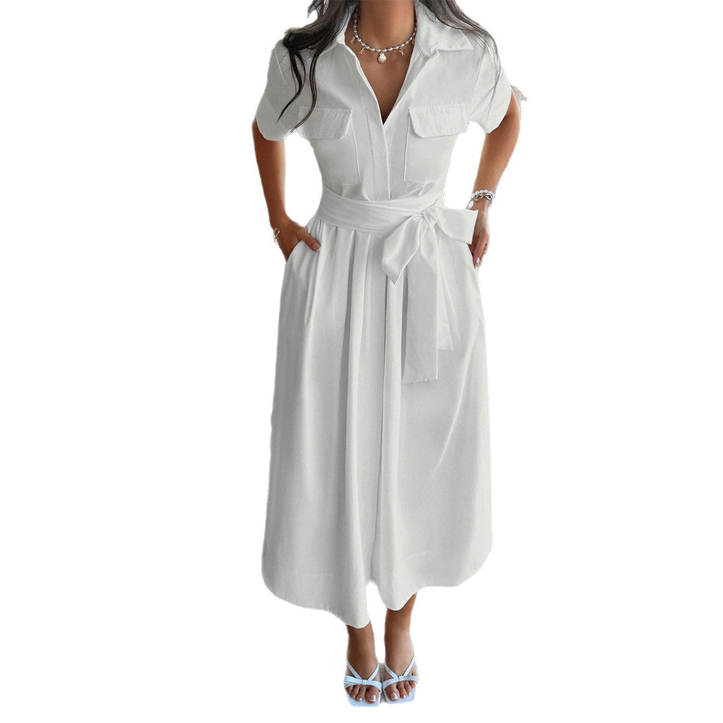 Notched-collar Lace-up Waist-defined Dress For Women by Ricaloux