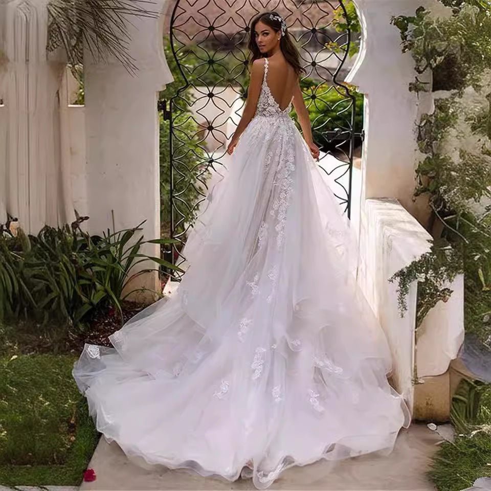 New Slim And Deep V Suspender Light Wedding Dress - RICALOUX