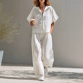 Hooded Zip-up Linen Top And Relaxed Wide-leg Pants Set by Ricaloux