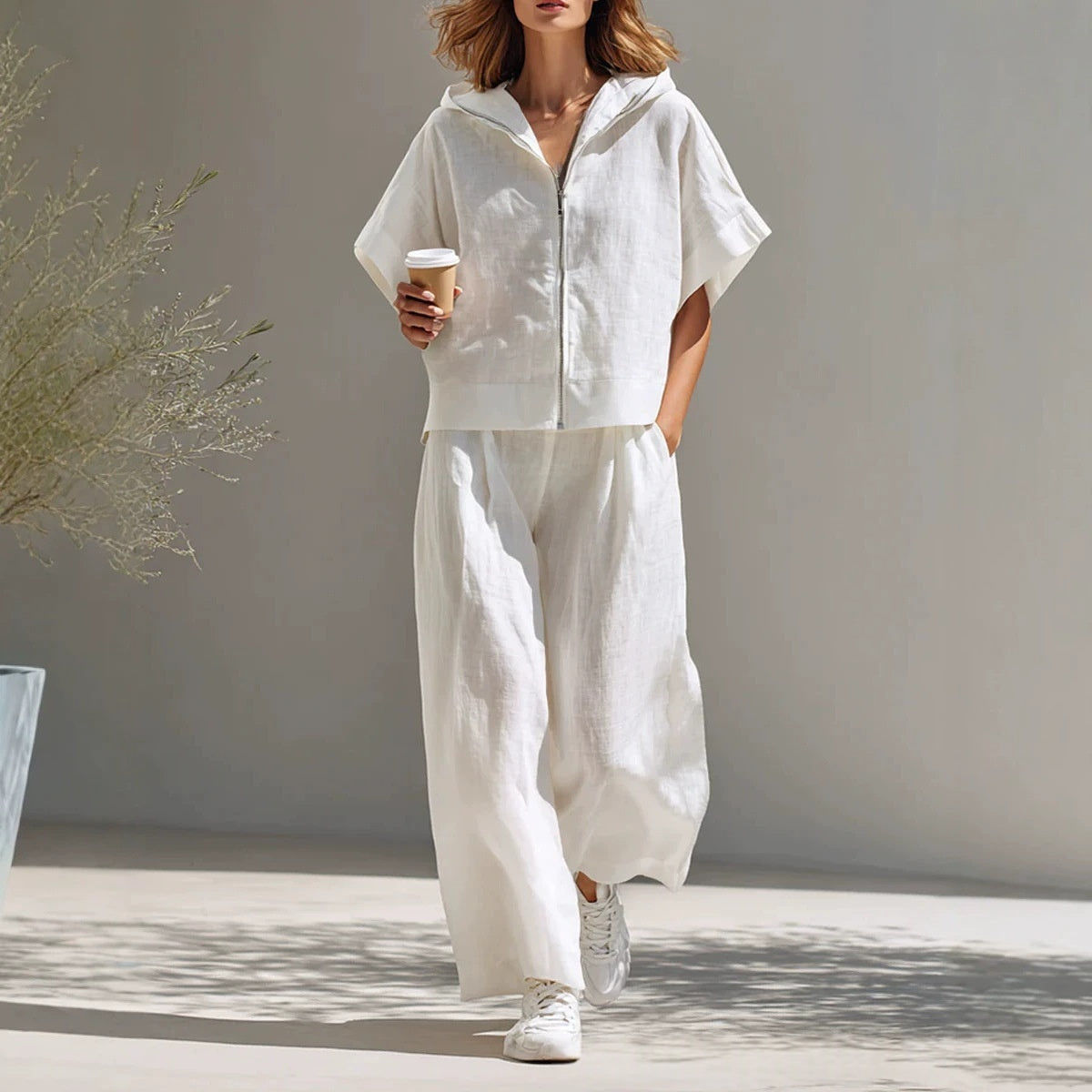 Hooded Zip-up Linen Top And Relaxed Wide-leg Pants Set by Ricaloux