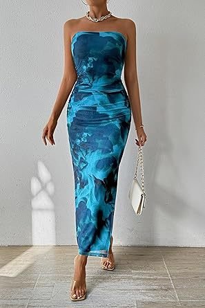 Women's Clothing Slit Hemline At Hem Sleeveless Printed Dress - RICALOUX