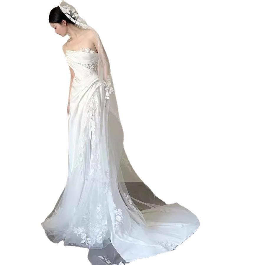 Satin Lace Wedding Veil Tube Top Fishtail Wedding Dress - RICALOUX