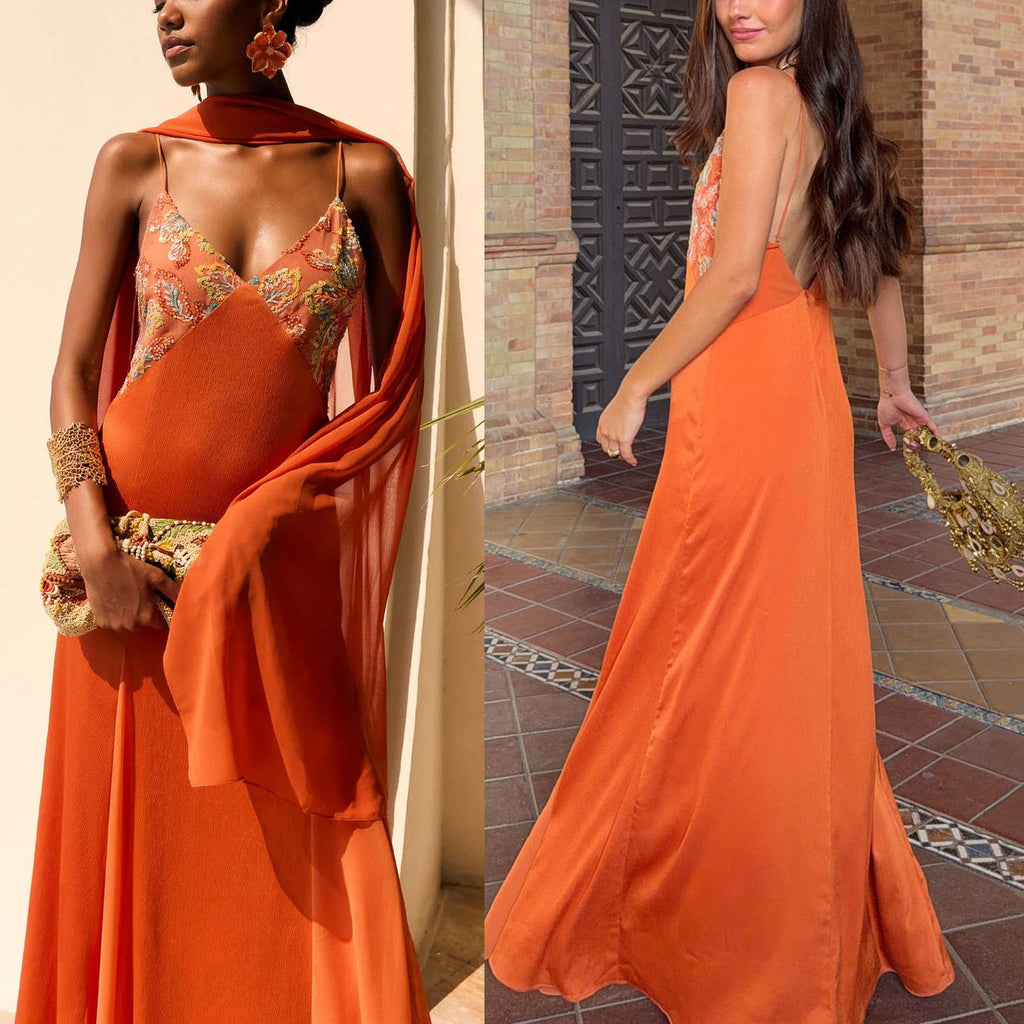 SpringSummer New Spaghetti-strap Satin Dress And Scarf Two-piece Set For Women by Ricaloux