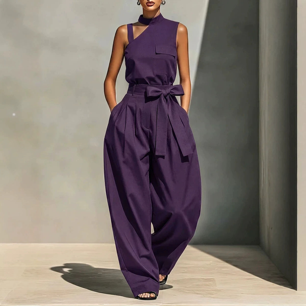 Off-shoulder Stand-collar Sleeveless Jumpsuit by Ricaloux