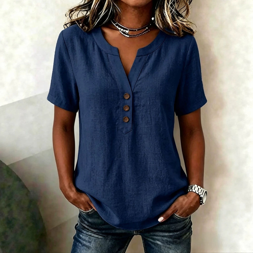 Casual Loose-fit Cotton-linen V-neck Button-up Top by Ricaloux