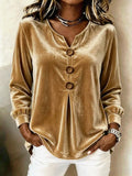 Elegant V-neck Buttoned Long-sleeve Velvet Blouse For Women by Ricaloux