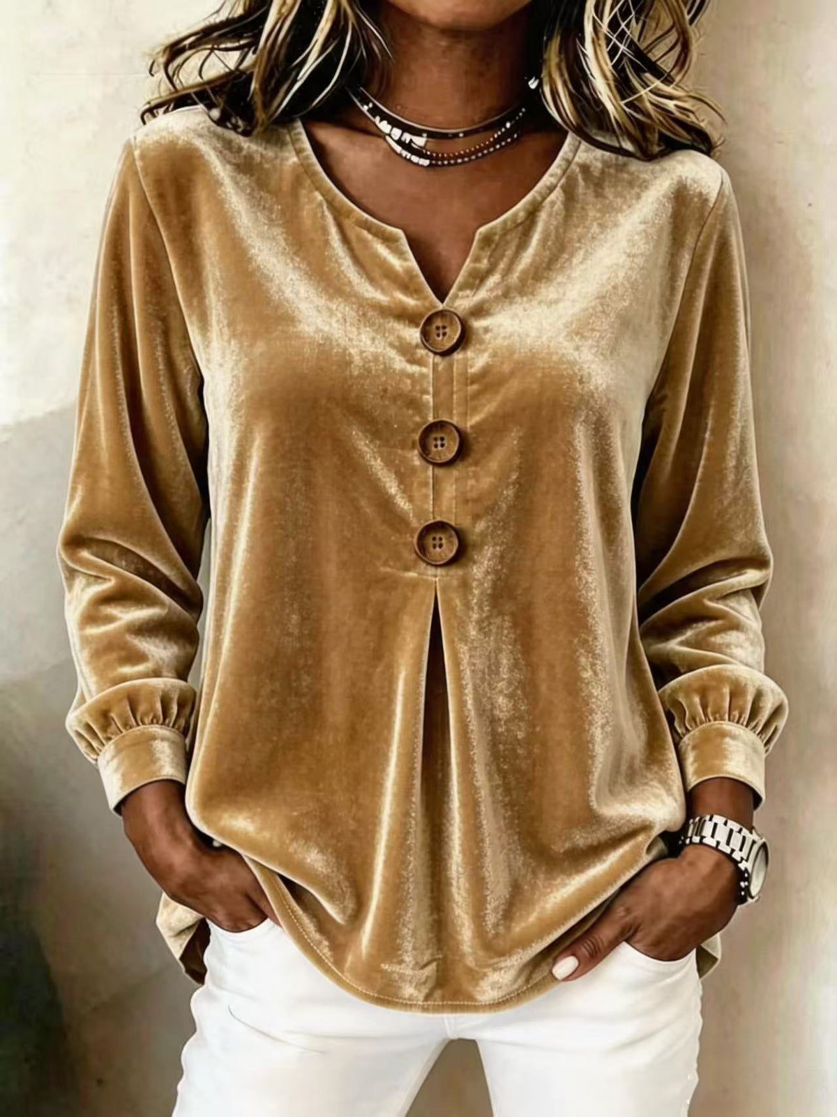 Elegant V-neck Buttoned Long-sleeve Velvet Blouse For Women by Ricaloux