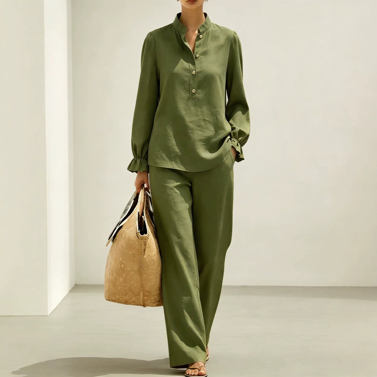 New Womens Mandarin-collar Ruffled Puff-sleeve Wide-leg Long-pants Set – Premium 0 | RICALOUX