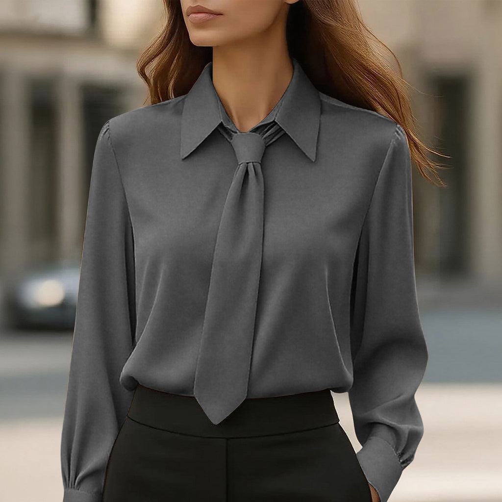 Womens Solid-Color Casual Tie Long-Sleeve French-Collar Shirt by Ricaloux