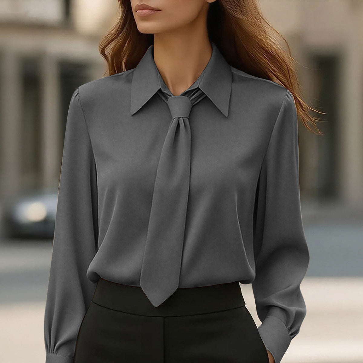 Womens Solid-Color Casual Tie Long-Sleeve French-Collar Shirt by Ricaloux