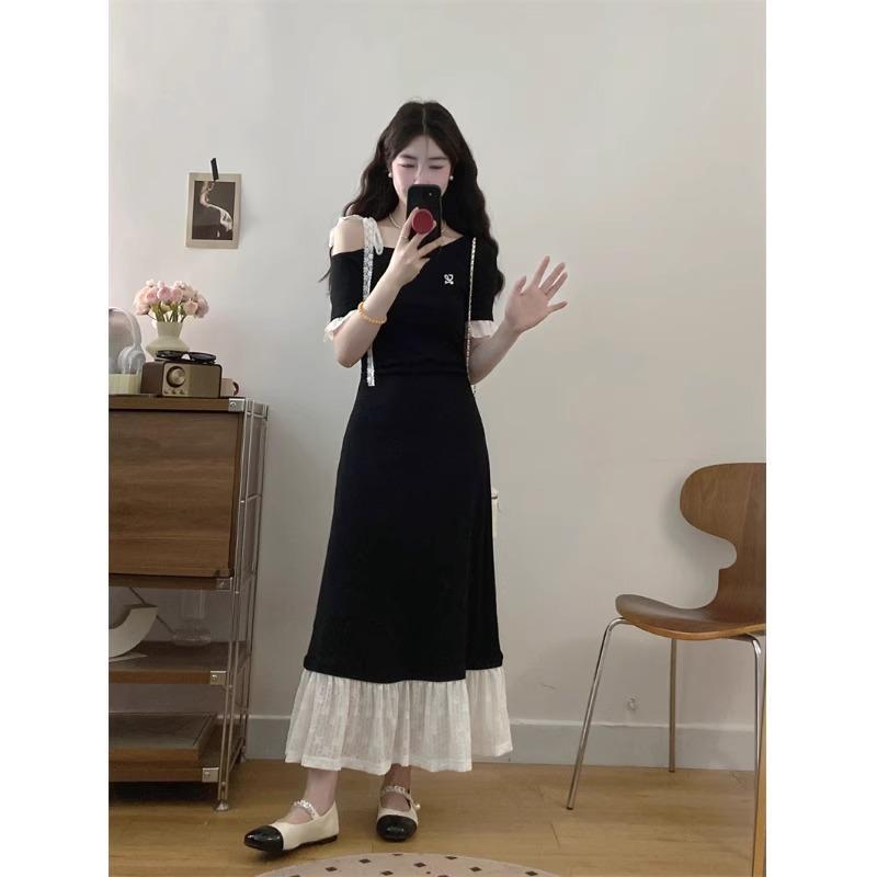 Fitted-waist Figure-flattering Long Lace-panel Dress – Premium 0 | RICALOUX