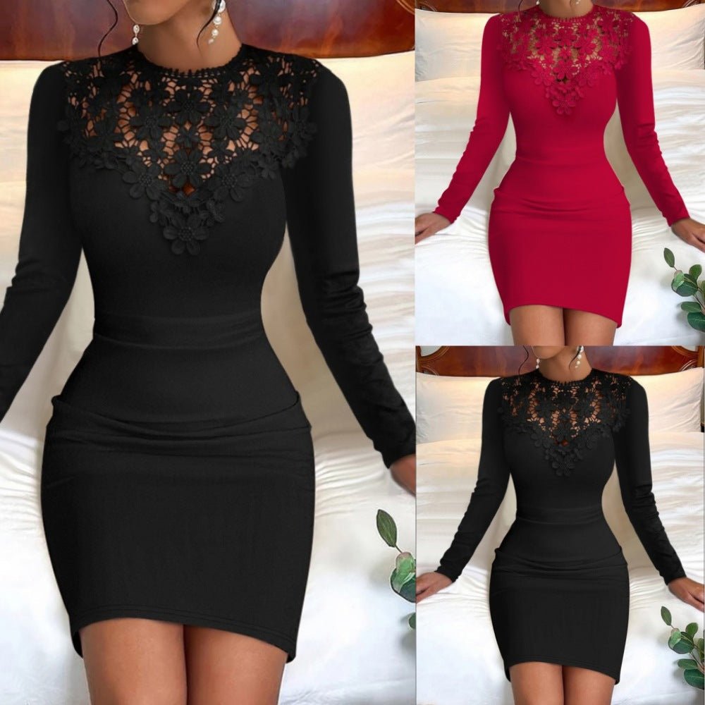 Round Neck Lace Long Sleeve Narrow Waist Dress Women's Clothing - RICALOUX