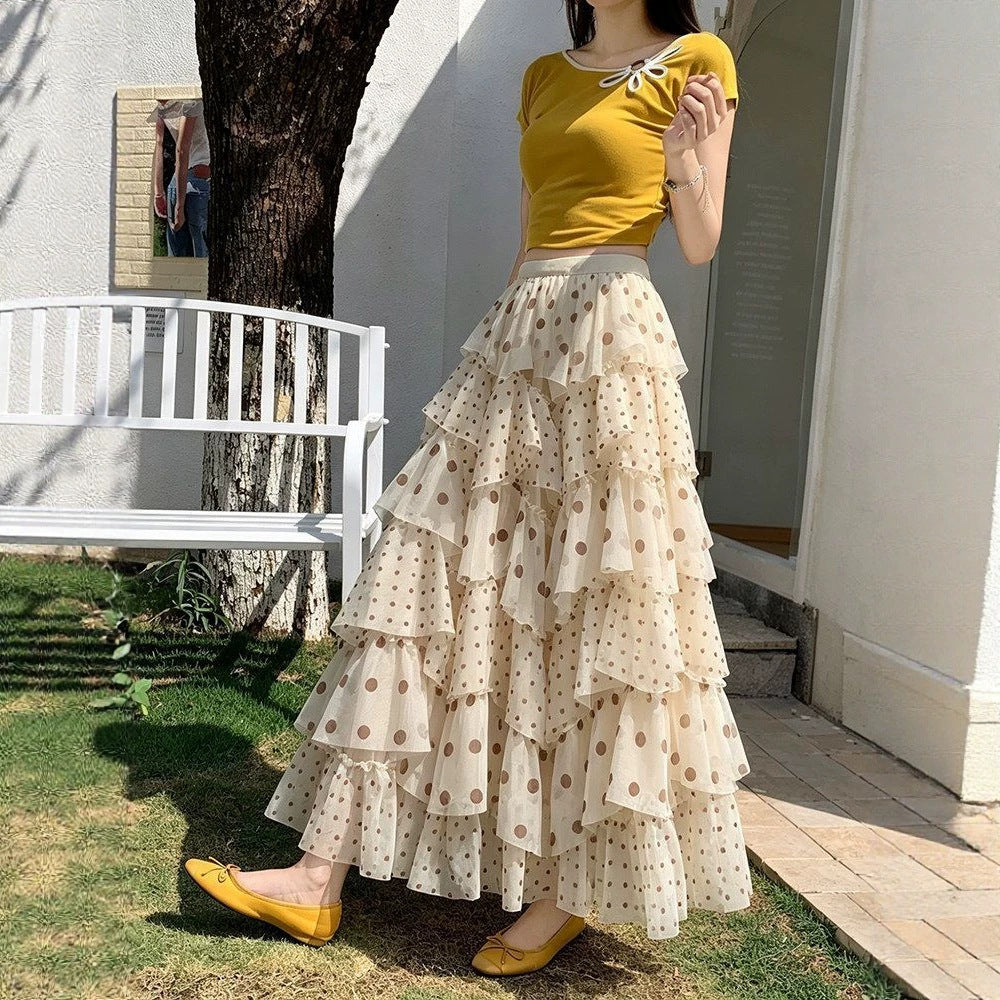 Ethereal Chiffon Puff Polka-dot Skirt by Ricaloux