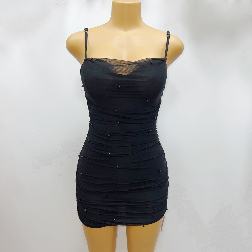 Stretch Mesh-strapped Pearl-embellished Sexy Slim-fit Mini Dress – Premium 0 | RICALOUX