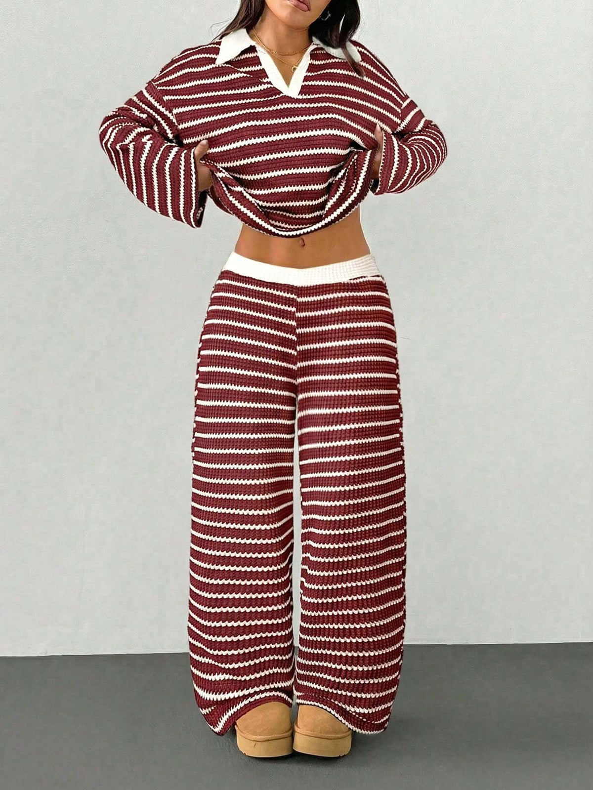 Striped Knitted Color-Block Long-Sleeve Top And Pants Casual Set – Premium 0 | RICALOUX
