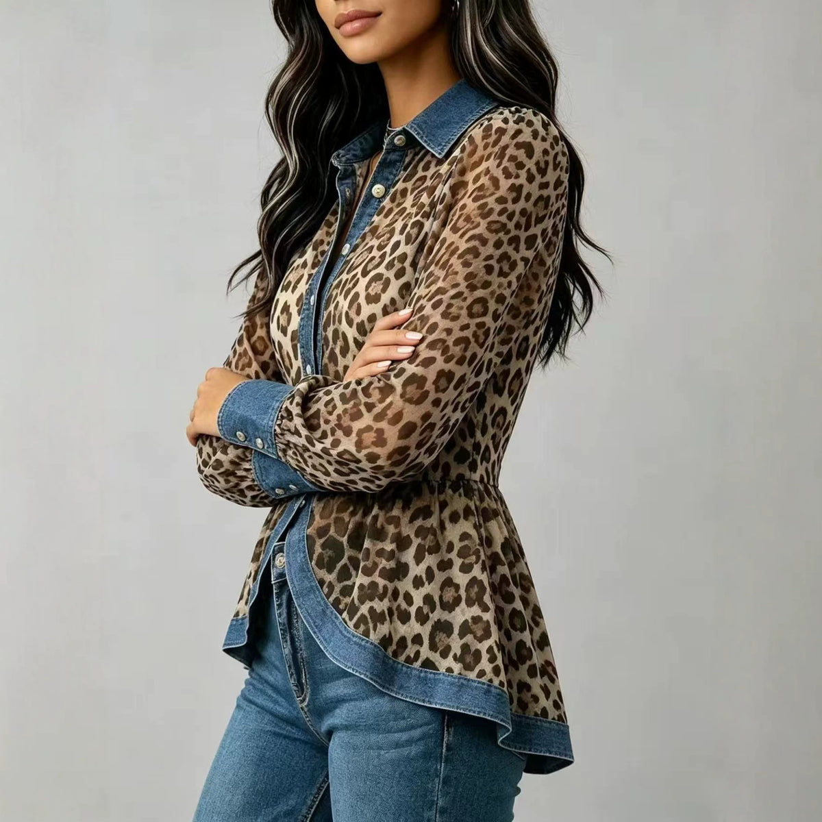 New Womens Leopard-Print Patchwork Denim Long-Sleeve Shirt – Premium 0 | RICALOUX
