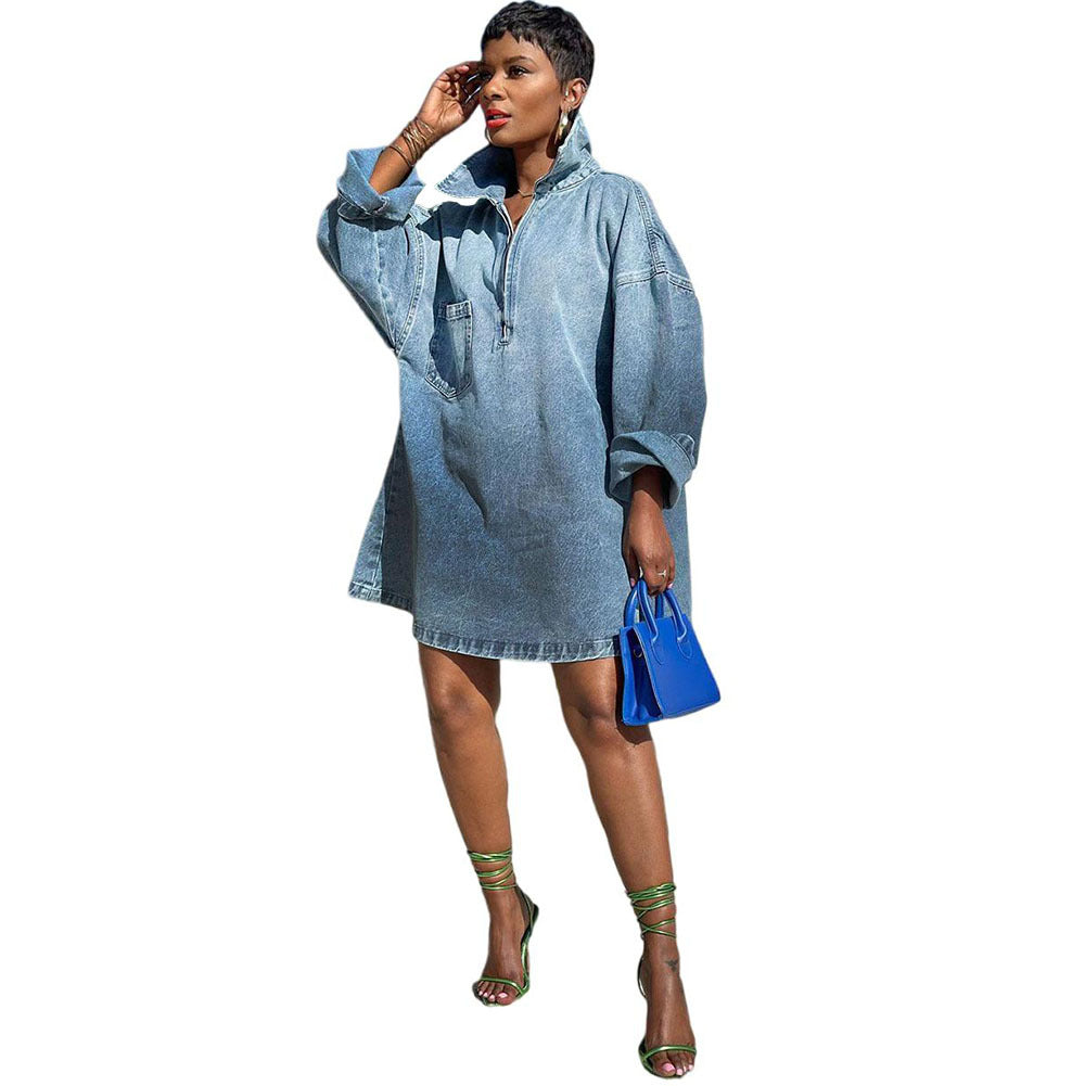 Womens Relaxed-Style Fashionable Denim Skirt With Notch Lapel Ombre Long Sleeves by Ricaloux