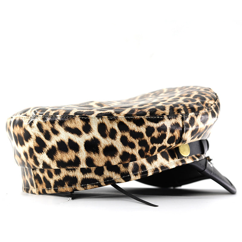Lady Leopard-print PU Leather Bold Stud Belt Design Beret With Retro British Style Metal Fastener, Unique Edgy Girl Punk Hat, Street Style Versatile Hat by Ricaloux