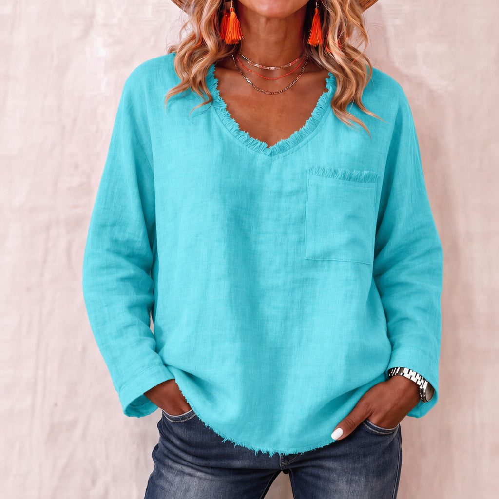 Loose-fit V-neck Long-sleeve Solid-color Casual Top For Women by Ricaloux