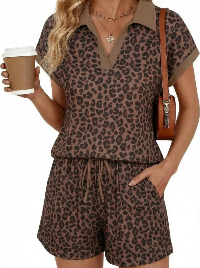 New Womens Leopard-print Short-sleeve And Shorts Set by Ricaloux
