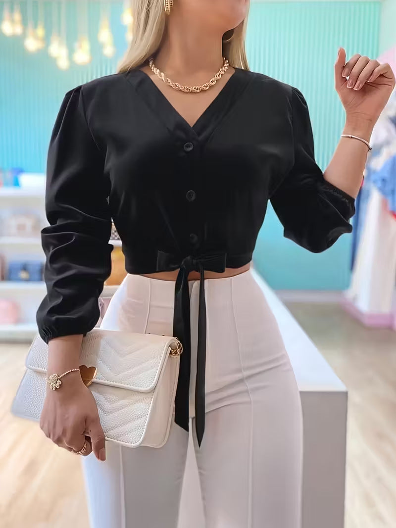 Long-sleeve Lace-up Casual Minimalist Cropped Blouse With Puff Sleeves – Premium 0 | RICALOUX