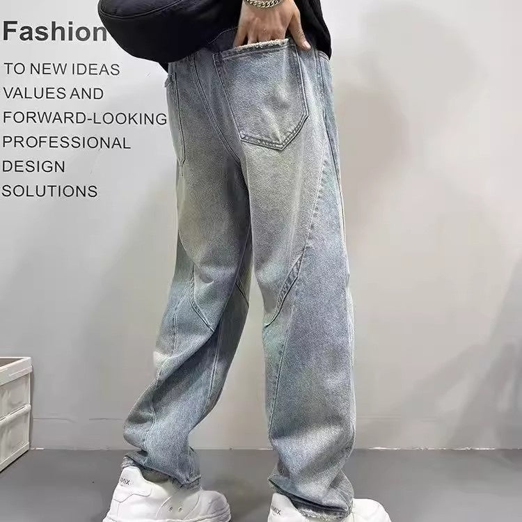 Patchwork Vintage Washed Loose Straight-leg Pants American-style Edgy And Cool Sabre-cut Trousers by Ricaloux