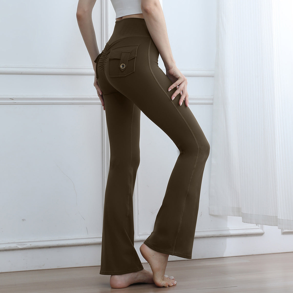 Women's High-Waisted Cargo Pocket Peach Butt Yoga Pants For Autumn And Winter, European & American Style, Stretchy Lifting Butt Quick-Dry Athletic Leggings For Running And Fitness by Ricaloux